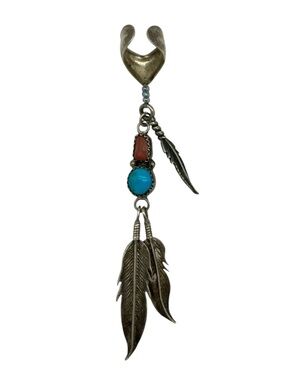 Running Bear Studio Sterling Silver 925 Turquoise and Red Coral Feather Ear Cuff